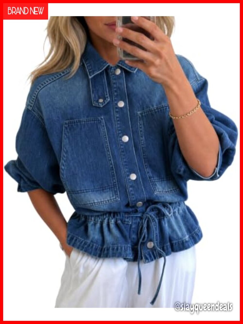 Drawstring Denim Jacket Button Down Collared Shacket